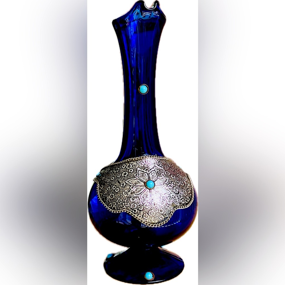 Vintage Elegant Blue Glass Decanter with Silver Accents